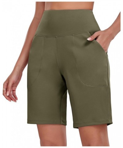 Women's High Waisted Shorts Yoga Workout Bermuda Long Hiking Shorts with Pockets 10 Inches 10" Olive Green $11.11 Activewear