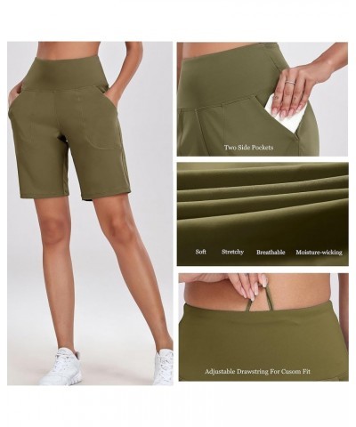 Women's High Waisted Shorts Yoga Workout Bermuda Long Hiking Shorts with Pockets 10 Inches 10" Olive Green $11.11 Activewear