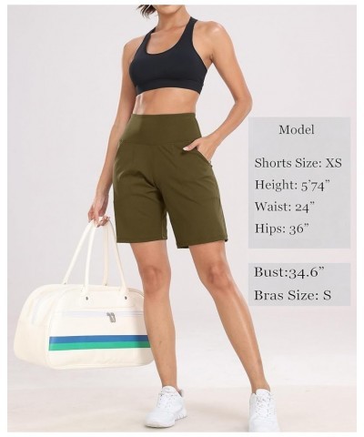 Women's High Waisted Shorts Yoga Workout Bermuda Long Hiking Shorts with Pockets 10 Inches 10" Olive Green $11.11 Activewear