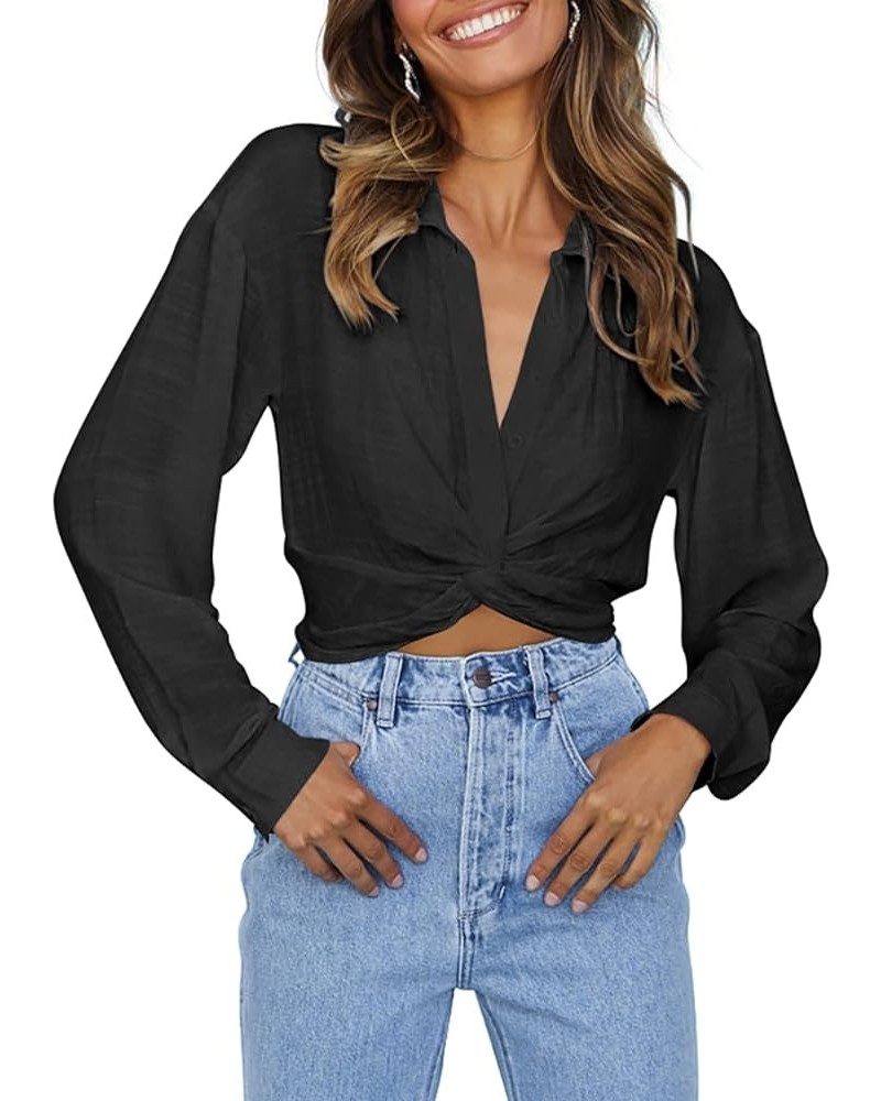 Women's V Neck Twist Hem Blouse Long Sleeve Crop Top Casual Button Shirts Black $15.64 Blouses