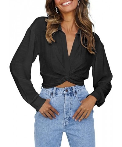 Women's V Neck Twist Hem Blouse Long Sleeve Crop Top Casual Button Shirts Black $15.64 Blouses