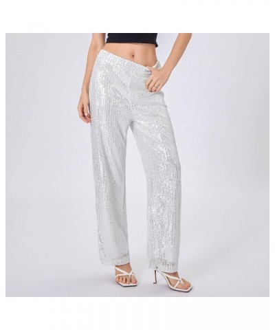 Womens Casual Elastic Waist Y2K Trouser Pants High Waisted Wide Leg Baggy Trousers Bottom Streetwear 06 Silver $13.07 Pants