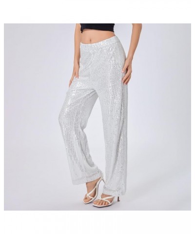 Womens Casual Elastic Waist Y2K Trouser Pants High Waisted Wide Leg Baggy Trousers Bottom Streetwear 06 Silver $13.07 Pants