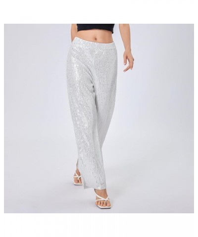 Womens Casual Elastic Waist Y2K Trouser Pants High Waisted Wide Leg Baggy Trousers Bottom Streetwear 06 Silver $13.07 Pants