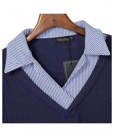 Women's Long Sleeve Contrast Collared Shirts Patchwork Work Blouse Tunics Tops 2-blue Stripes-1 $10.00 Blouses