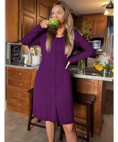 Womens Long Sleeve Button Down Nightgown Loose V-Neck Nightshirt Sleepwear Pajama Dress Purple $13.76 Sleep & Lounge