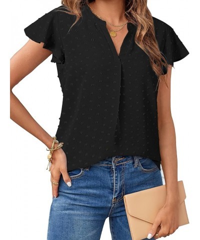 Womens 2024 Summer V Neck Blouse Ruffle Short Sleeve Swiss Dot Dressy Casual Shirt Top Black $17.81 Blouses