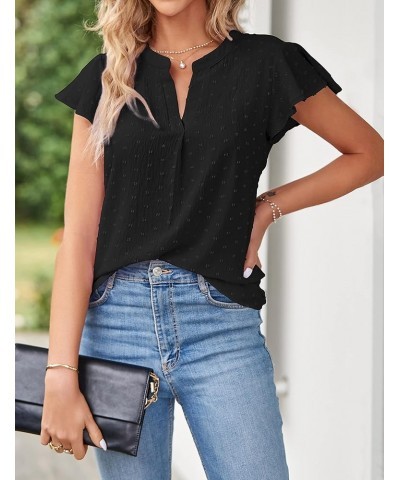 Womens 2024 Summer V Neck Blouse Ruffle Short Sleeve Swiss Dot Dressy Casual Shirt Top Black $17.81 Blouses