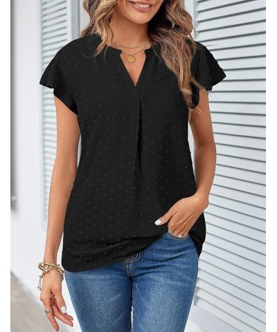 Womens 2024 Summer V Neck Blouse Ruffle Short Sleeve Swiss Dot Dressy Casual Shirt Top Black $17.81 Blouses