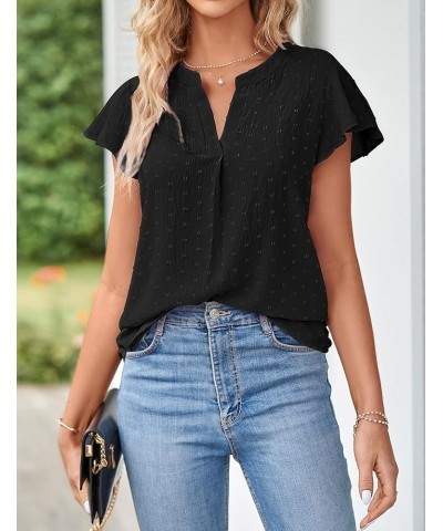 Womens 2024 Summer V Neck Blouse Ruffle Short Sleeve Swiss Dot Dressy Casual Shirt Top Black $17.81 Blouses