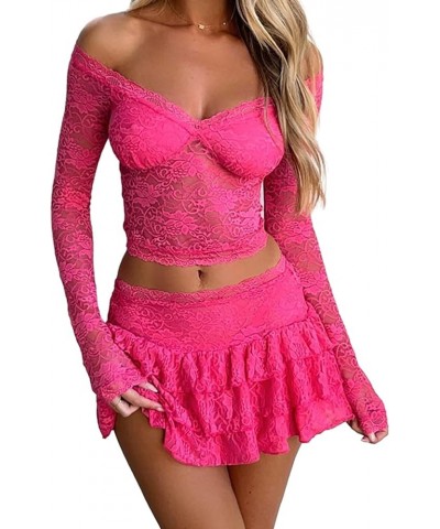 Women's Y2K Sexy Two Piece Outfits Lace Mini Skirt Set See Through Off Shoulder Crop Tops Skirt Matching Sets 001 Rose Red $1...