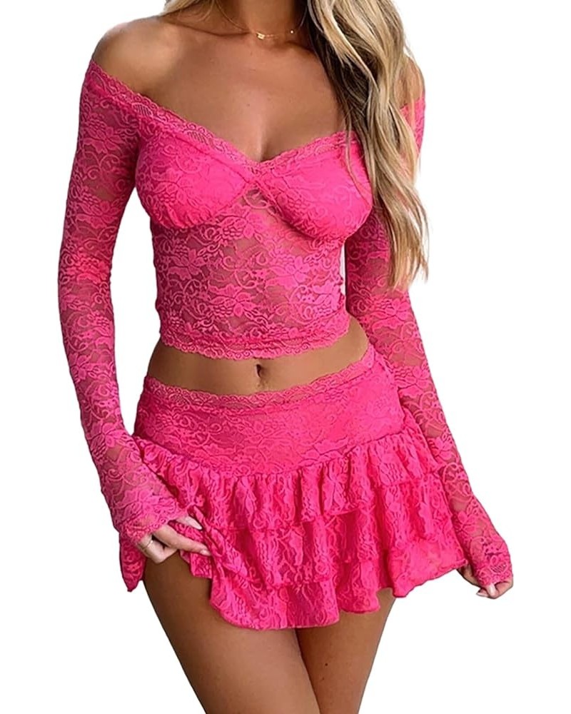 Women's Y2K Sexy Two Piece Outfits Lace Mini Skirt Set See Through Off Shoulder Crop Tops Skirt Matching Sets 001 Rose Red $1...