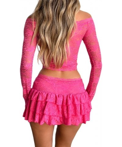 Women's Y2K Sexy Two Piece Outfits Lace Mini Skirt Set See Through Off Shoulder Crop Tops Skirt Matching Sets 001 Rose Red $1...