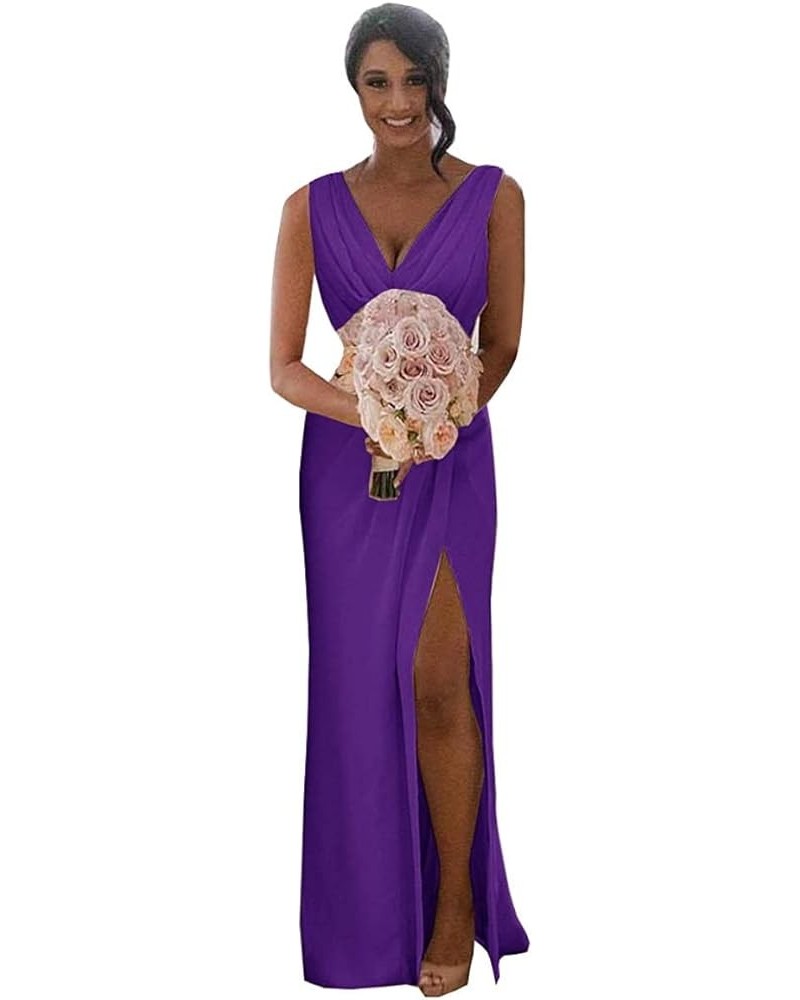 V Neck Chiffon Bridesmaid Dresses with Slit Long for Women Mermaid Formal Dress for Wedding Party Purple $27.90 Dresses