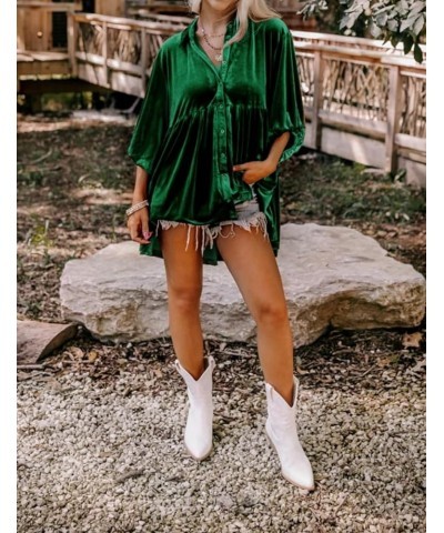 Womens Velvet Dress Button Down T Shirt 3/4 Sleeve Tunic Tops Casual Lapel Babydoll Mini Dress Green $15.59 Tops