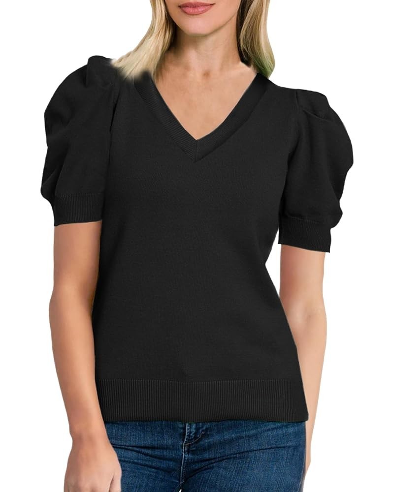 Women's Puff Short Sleeve Sweater Tops 2024 Crewneck Lightweight Knit Pullover Basic Solid Sweaters Blouse A Black $16.82 Swe...