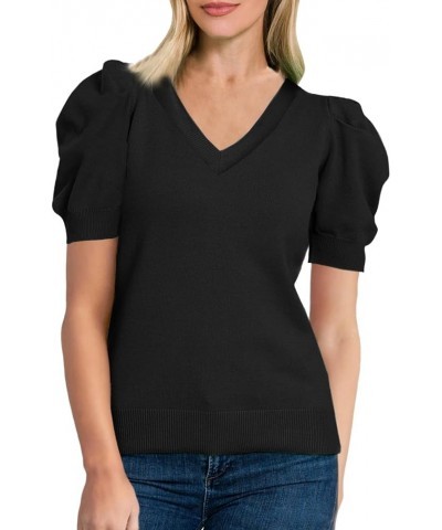 Women's Puff Short Sleeve Sweater Tops 2024 Crewneck Lightweight Knit Pullover Basic Solid Sweaters Blouse A Black $16.82 Swe...