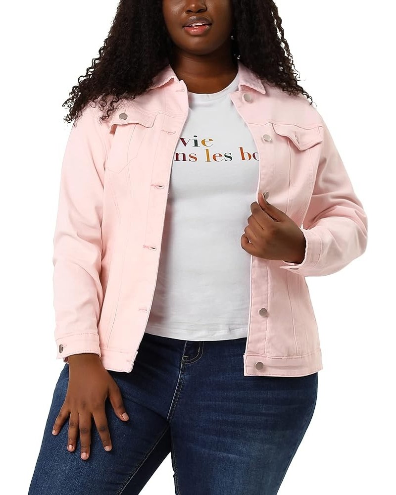 Women's Plus Size Stitching Button Front Washed Denim Jacket Pink $24.74 Jackets