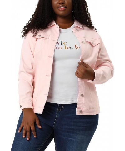 Women's Plus Size Stitching Button Front Washed Denim Jacket Pink $24.74 Jackets