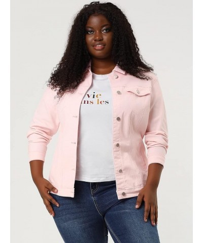 Women's Plus Size Stitching Button Front Washed Denim Jacket Pink $24.74 Jackets