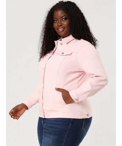 Women's Plus Size Stitching Button Front Washed Denim Jacket Pink $24.74 Jackets