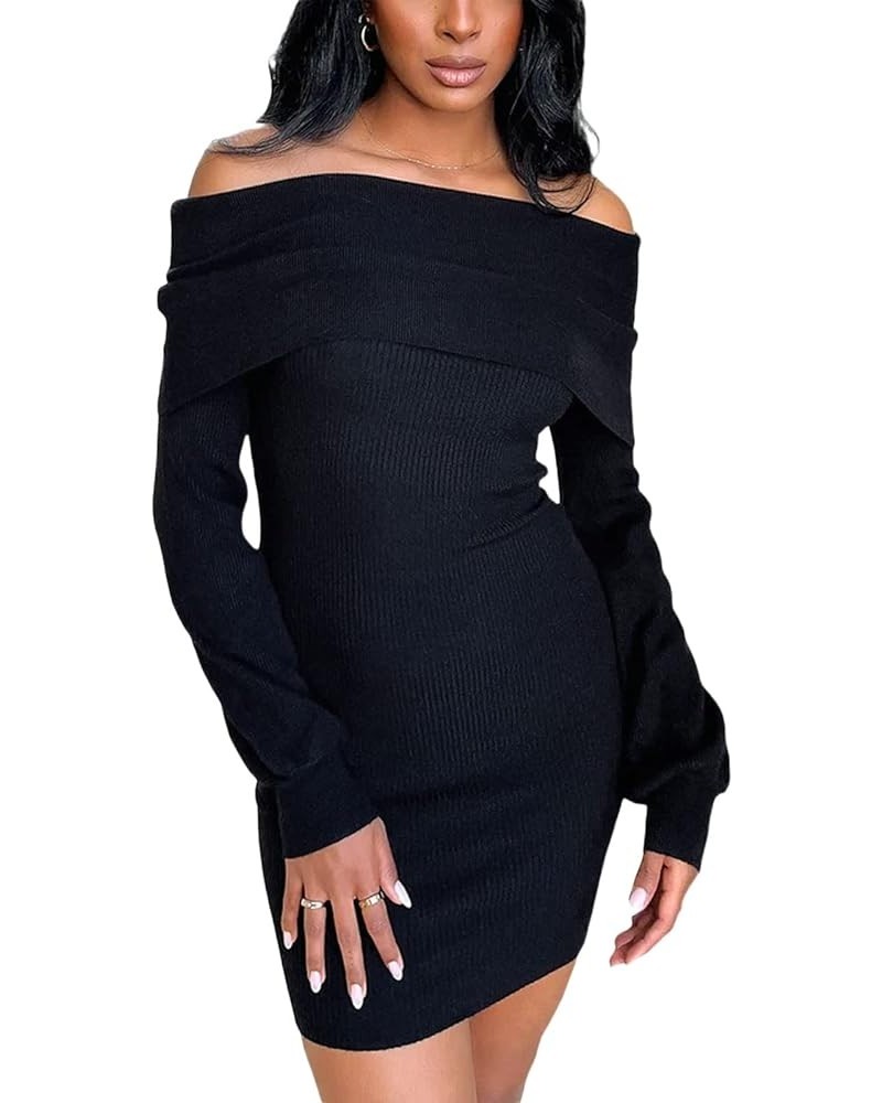 Women Off Shoulder Sweater Dress Fuzzy Long Sleeve Bodycon Mini Dress Sexy Going Out Cocktail Sweater Dress Black-e $10.80 Sw...