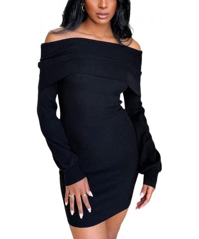 Women Off Shoulder Sweater Dress Fuzzy Long Sleeve Bodycon Mini Dress Sexy Going Out Cocktail Sweater Dress Black-e $10.80 Sw...