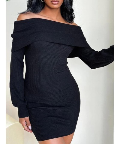 Women Off Shoulder Sweater Dress Fuzzy Long Sleeve Bodycon Mini Dress Sexy Going Out Cocktail Sweater Dress Black-e $10.80 Sw...