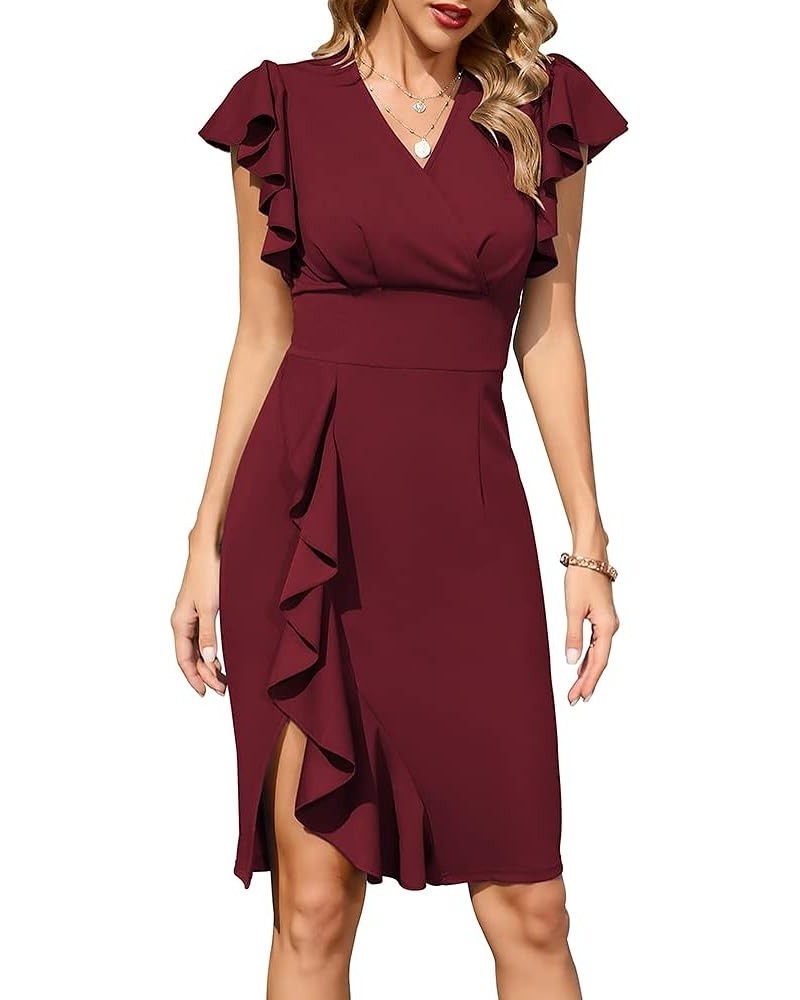 Womens Deep V Neck Ruffle Sleeve Sheath Cocktail Party Formal Slit Pencil Dress 1-burgundy $13.95 Dresses