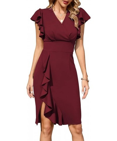 Womens Deep V Neck Ruffle Sleeve Sheath Cocktail Party Formal Slit Pencil Dress 1-burgundy $13.95 Dresses