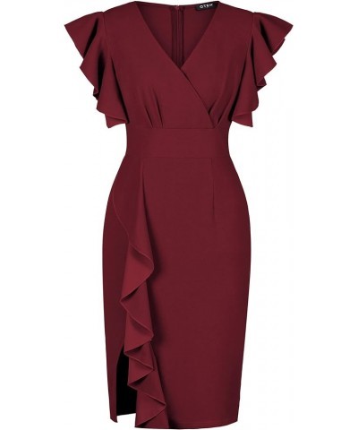 Womens Deep V Neck Ruffle Sleeve Sheath Cocktail Party Formal Slit Pencil Dress 1-burgundy $13.95 Dresses