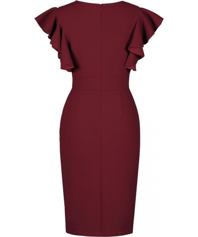 Womens Deep V Neck Ruffle Sleeve Sheath Cocktail Party Formal Slit Pencil Dress 1-burgundy $13.95 Dresses