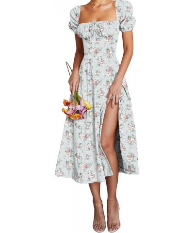 Women's Puff Sleeve Floral Maxi Dress Elegant Square Neck Cottagecore Boho Split Long Dresses Vintage A-line Dress A-004 $17....