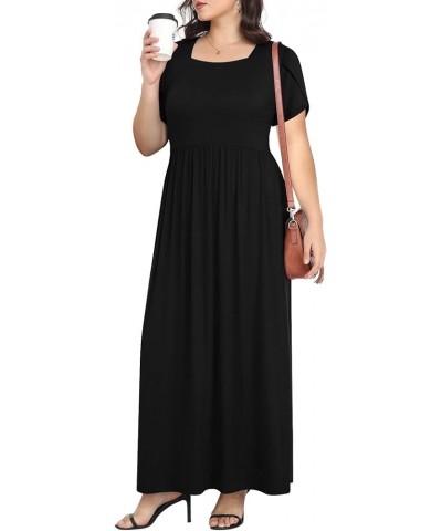 Women's Plus Size Maxi Dresses Petal Short Sleeve Casual Dress XL-5XL with Pokets Square neck Fc-black $18.35 Dresses