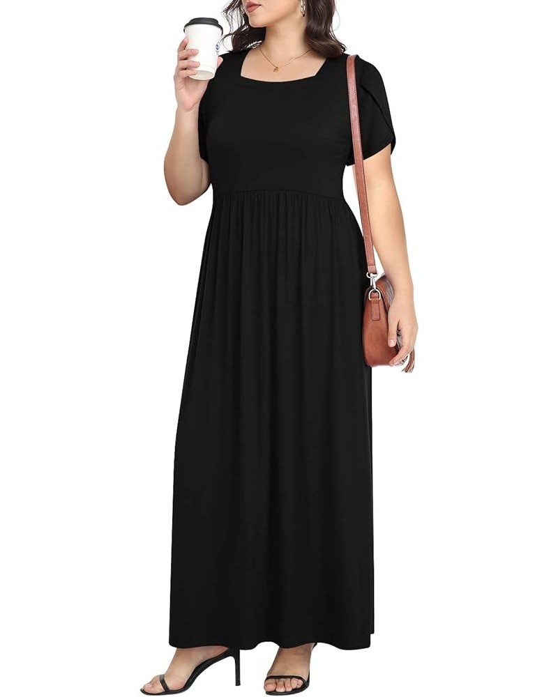 Women's Plus Size Maxi Dresses Petal Short Sleeve Casual Dress XL-5XL with Pokets Square neck Fc-black $18.35 Dresses