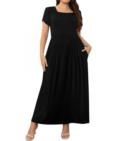 Women's Plus Size Maxi Dresses Petal Short Sleeve Casual Dress XL-5XL with Pokets Square neck Fc-black $18.35 Dresses