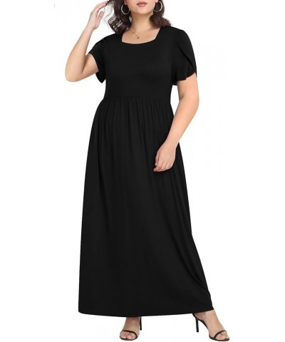 Women's Plus Size Maxi Dresses Petal Short Sleeve Casual Dress XL-5XL with Pokets Square neck Fc-black $18.35 Dresses