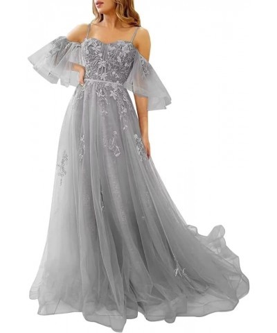 Off The Shoulder Lace Appliques Prom Dresses Long 2023 Tulle Corset Puffy Sleeve Formal Evening Gowns Silver $38.25 Dresses