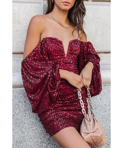 Sequin Long Sleeve Homecoming Dresses for Teens Sparkly Short Tight V-Neck Mini Prom Cocktail Party Gown Burgundy $32.99 Dresses