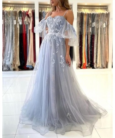 Off The Shoulder Lace Appliques Prom Dresses Long 2023 Tulle Corset Puffy Sleeve Formal Evening Gowns Silver $38.25 Dresses