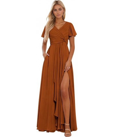 Women's Short Sleeve Bridesmaid Dresses with Slit Chiffon Ruched Evening Formal Gowns Burnt Orange $22.00 Dresses