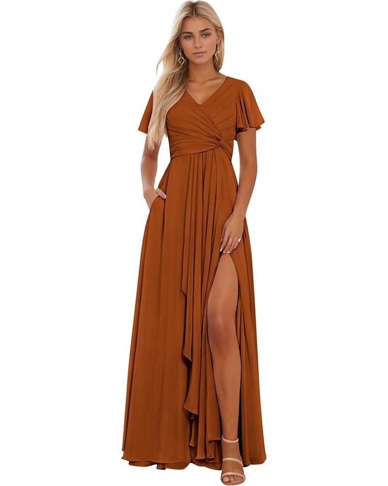 Women's Short Sleeve Bridesmaid Dresses with Slit Chiffon Ruched Evening Formal Gowns Burnt Orange $22.00 Dresses