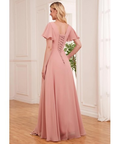 Women's Short Sleeve Bridesmaid Dresses with Slit Chiffon Ruched Evening Formal Gowns Burnt Orange $22.00 Dresses