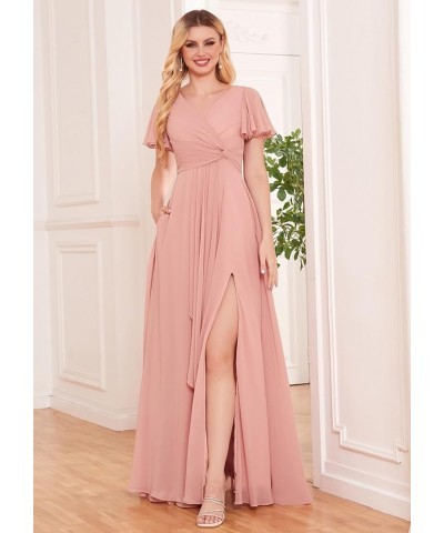 Women's Short Sleeve Bridesmaid Dresses with Slit Chiffon Ruched Evening Formal Gowns Burnt Orange $22.00 Dresses