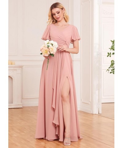 Women's Short Sleeve Bridesmaid Dresses with Slit Chiffon Ruched Evening Formal Gowns Burnt Orange $22.00 Dresses