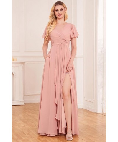 Women's Short Sleeve Bridesmaid Dresses with Slit Chiffon Ruched Evening Formal Gowns Burnt Orange $22.00 Dresses