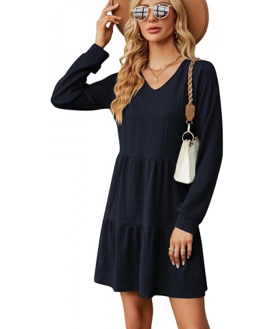 Womens Long Sleeve Casual Fall Tunic Dress Solid Color V-Neck Loose Fit Flowy Swing Tiered Dress Dark Navy $22.41 Dresses