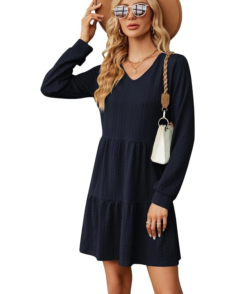 Womens Long Sleeve Casual Fall Tunic Dress Solid Color V-Neck Loose Fit Flowy Swing Tiered Dress Dark Navy $22.41 Dresses