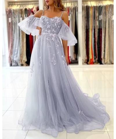 Off The Shoulder Lace Appliques Prom Dresses Long 2023 Tulle Corset Puffy Sleeve Formal Evening Gowns Silver $38.25 Dresses