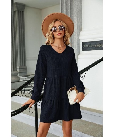 Womens Long Sleeve Casual Fall Tunic Dress Solid Color V-Neck Loose Fit Flowy Swing Tiered Dress Dark Navy $22.41 Dresses